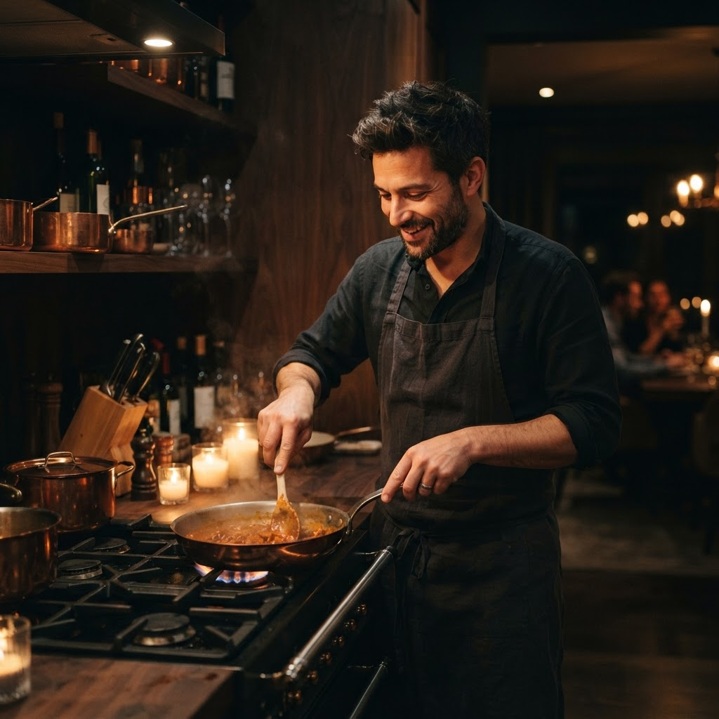Portrait of Mr. Yurii cooking by warm firelight